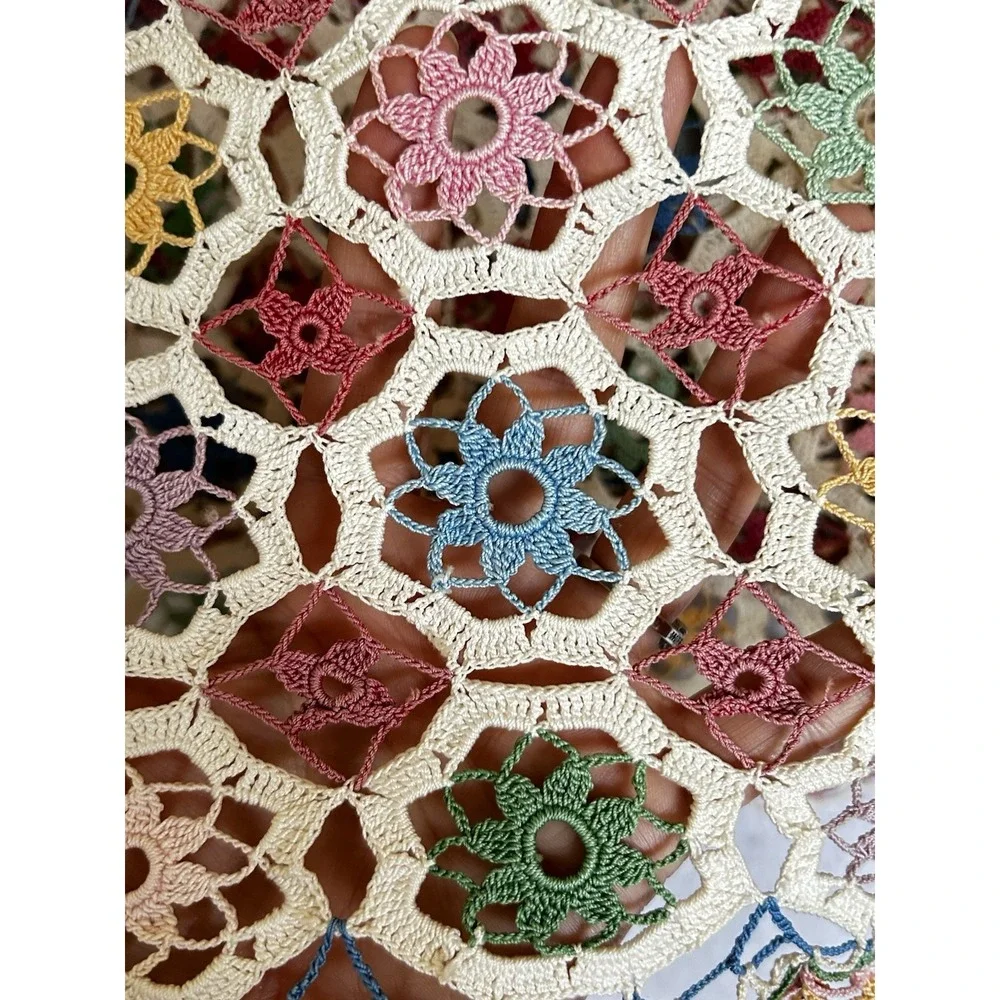 VTG Hand Crocheted Floral Heirloom Tablecloth Colorful & Ecru 60x60